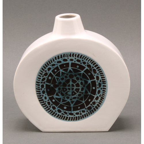 3205 - Studio Pottery - a Troika slab wheel vase, glazed with Islamic patterns in tones of blue and grey on... 