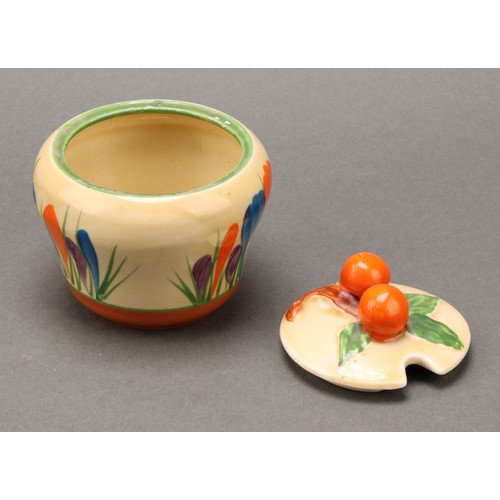 3005 - A Clarice Cliff Crocus pattern waisted preserve pot and cover, painted in colours with crocuses, ban... 