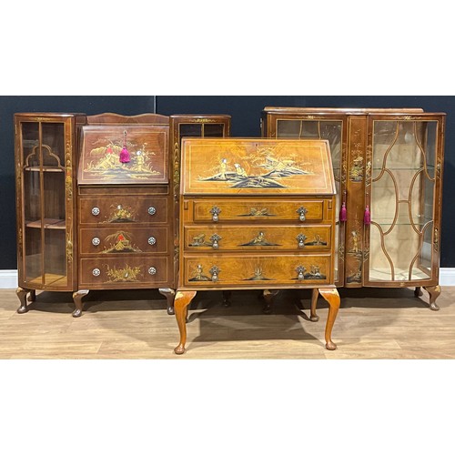 104 - A chinoiserie decorated walnut bureau, by Northampton Cabinet Company, London, 103cm high, 81cm wide... 