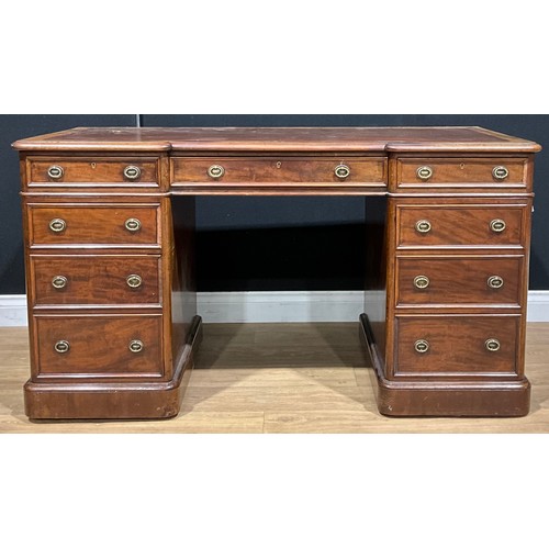 108 - A late Victorian mahogany twin pedestal desk, inverted break-centre top with three frieze drawers, t... 