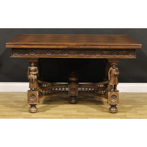 120 - A French Arts & Crafts period oak draw-leaf dining table, in the Henry II taste, parquet de Versaill... 