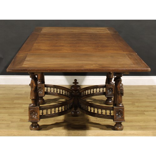 120 - A French Arts & Crafts period oak draw-leaf dining table, in the Henry II taste, parquet de Versaill... 