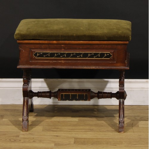 442 - An Arts & Crafts walnut, parcel-gilt and ebonised stool, hinged seat with stuffed-over upholstery, s... 