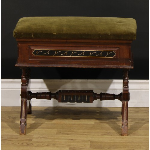 442 - An Arts & Crafts walnut, parcel-gilt and ebonised stool, hinged seat with stuffed-over upholstery, s... 