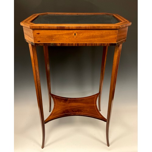 443 - An Edwardian inlaid mahogany Bijouterie table, elongated octagonal top, hinged lid, blue velvet inte... 