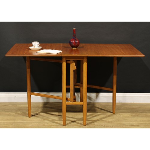 3355 - Mid-century Design - a Swedish teak and beech gateleg dining table, rectangular top with fall leaves... 