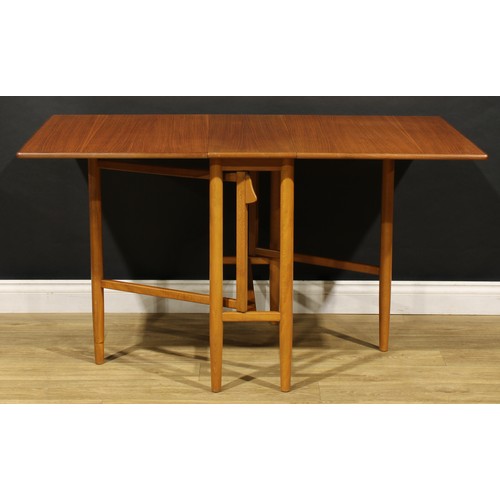 3355 - Mid-century Design - a Swedish teak and beech gateleg dining table, rectangular top with fall leaves... 