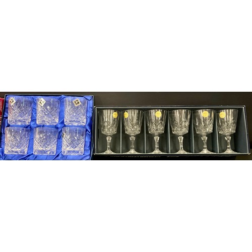 479 - A set of six Edinburgh Crystal hand cut whisky tumblers, boxed; a set of six French wine glasses, bo... 