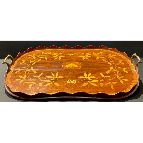 491 - A Victorian marquetry inlaid mahogany rounded rectangular two-handled tray, 65.5cm wide