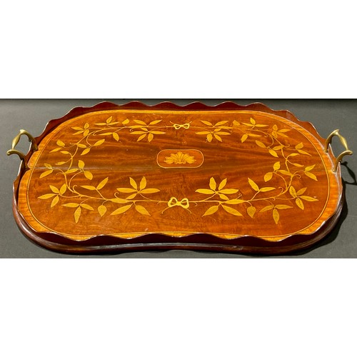 491 - A Victorian marquetry inlaid mahogany rounded rectangular two-handled tray, 65.5cm wide