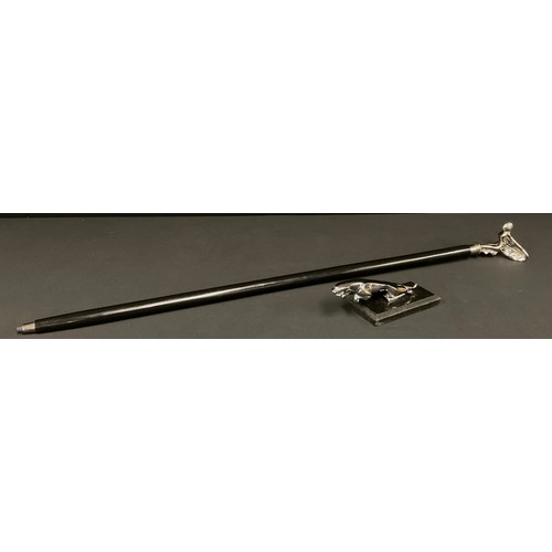 514 - An ebonised walking stick, the handle as a Rolls Royce Spirit of Ecstasy car mascot, 97.5cm long; a ... 