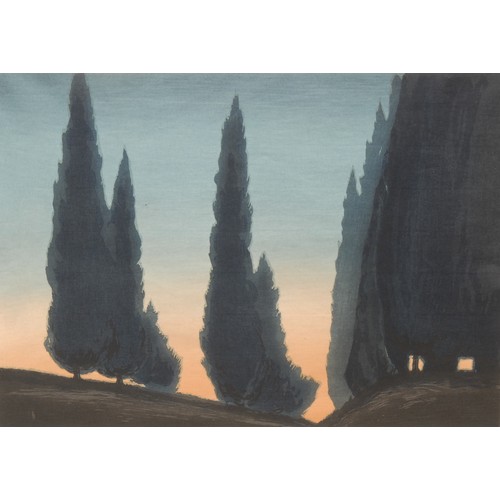 2362 - Yoshijiro Urushibara (1888-1953) 
Cypress Trees at Dawn 
signed, No. 85, colour woodcut, 27cm x 37cm