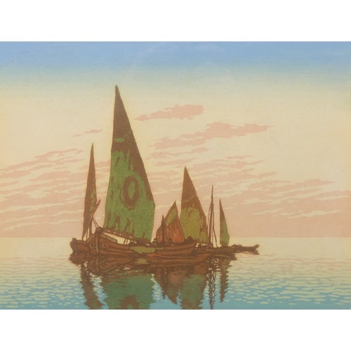 2027 - Carl Thiemann (1881-1966) 
Fishing Boats 
signed, colour woodcut, 29cm x 36cm