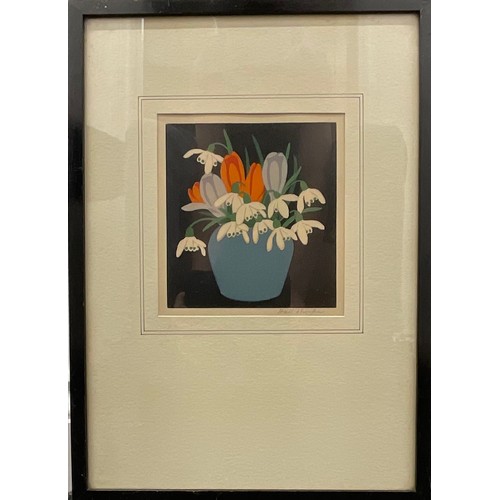 2196 - John Hall Thorpe  (1874 - 1947), Snowdrops and Crocus, colour woodcut, signed in pencil, 18cm x 16cm