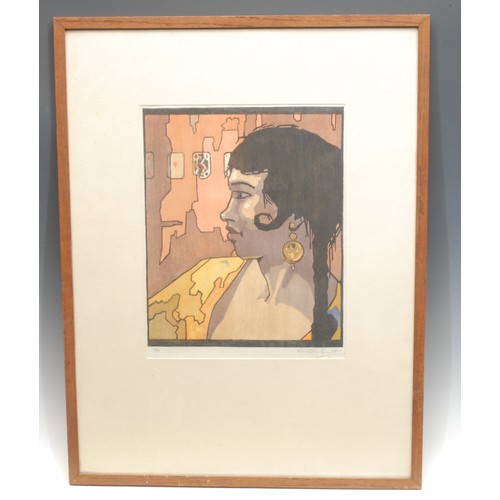 2062 - Edward Loxton Knight RBA (1905-1993) 
The Fortune Teller 
signed, numbered 11/50, colour woodcut, 29... 