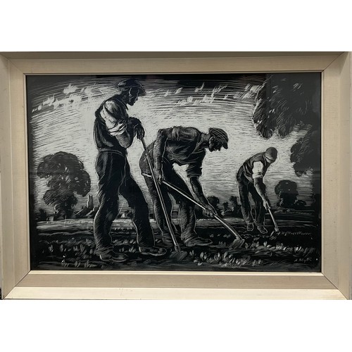 2018 - Austin Blyth (20th century) 
Labourers in a Field  
signed, scraper board, 35cm x 52cm