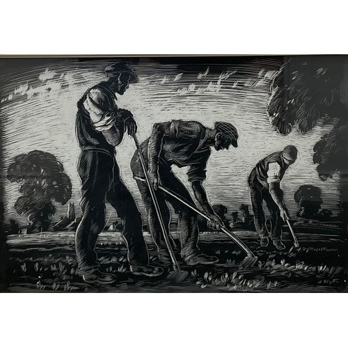 2018 - Austin Blyth (20th century) 
Labourers in a Field  
signed, scraper board, 35cm x 52cm