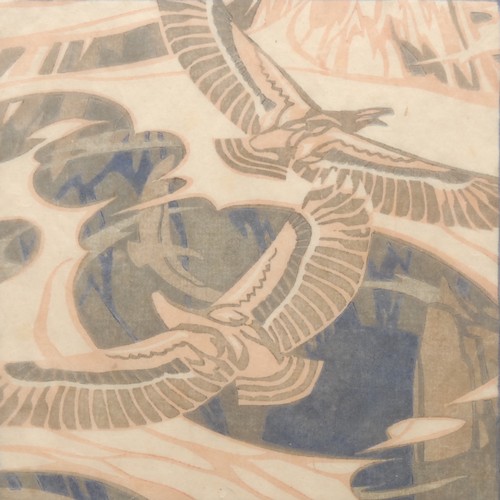 2270 - Norbertine Bresslern-Roth (1891-1978) 
Soaring Eagles 
signed, colour woodcut, 23.5cm x 22.5cm