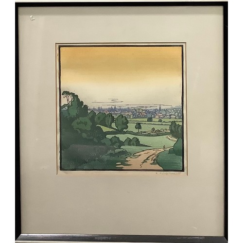 2228 - K Aubrey Moore (20th century), Landscape,   
colour woodcut, signed in pencil, 25.5cm x 25cm