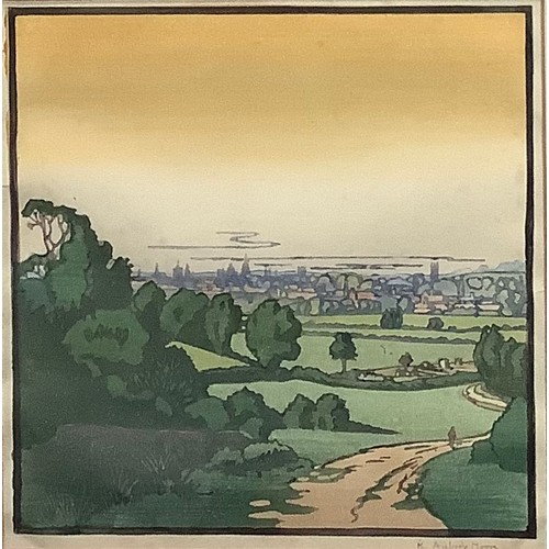 2228 - K Aubrey Moore (20th century), Landscape,   
colour woodcut, signed in pencil, 25.5cm x 25cm