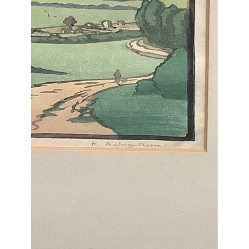 2228 - K Aubrey Moore (20th century), Landscape,   
colour woodcut, signed in pencil, 25.5cm x 25cm