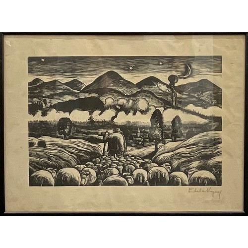 2066 - El**n**, Shepherd in a Mountain Landscape, woodcut, dated in the image 1937, indistinctly signed in ... 