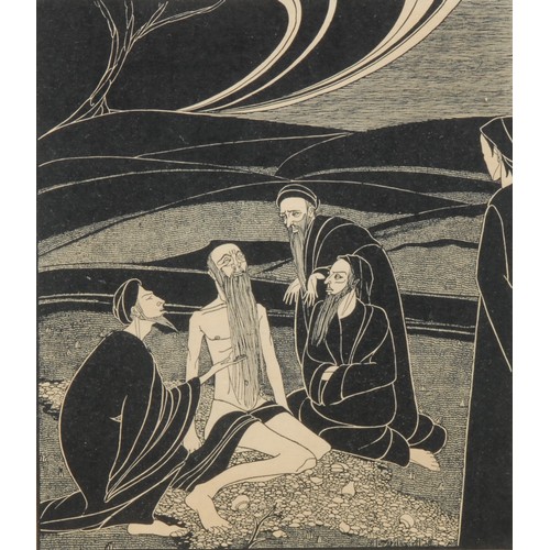 2135 - Hannah Frank (1908-2008) 
Job and his Three Friends 
signed, woodcut, 21cm x 17cm