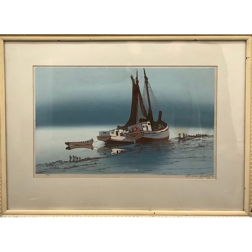 2275 - Oscar Droege  (1898 - 1982), Boats, colour woodcut, signed in pencil, 25cm x 41cm