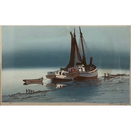 2275 - Oscar Droege  (1898 - 1982), Boats, colour woodcut, signed in pencil, 25cm x 41cm