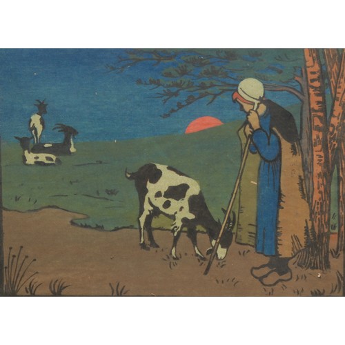 2170 - Janet Fisher (fl.1891 - 1925), Goatherd,   
colour woodcut, signed in pencil, numbered 59/100, 22cm ... 