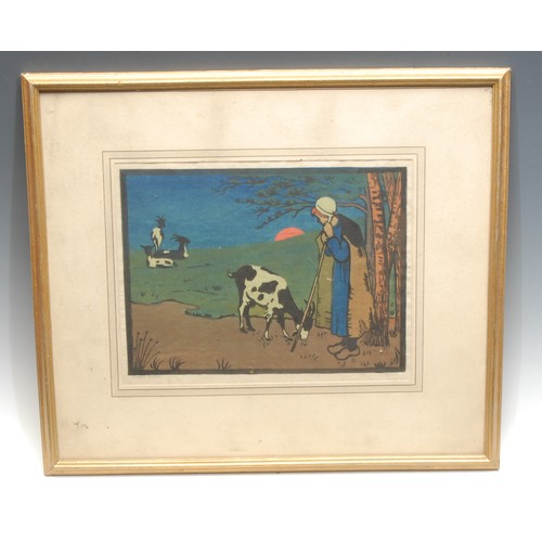 2170 - Janet Fisher (fl.1891 - 1925), Goatherd,   
colour woodcut, signed in pencil, numbered 59/100, 22cm ... 