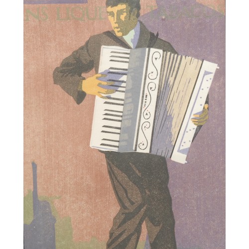 2061 - Edward Loxton Knight RBA (1905-1993) 
Accordionist 
signed, dated 1934, colour woodcut, 27cm x 22cm