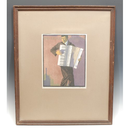 2061 - Edward Loxton Knight RBA (1905-1993) 
Accordionist 
signed, dated 1934, colour woodcut, 27cm x 22cm