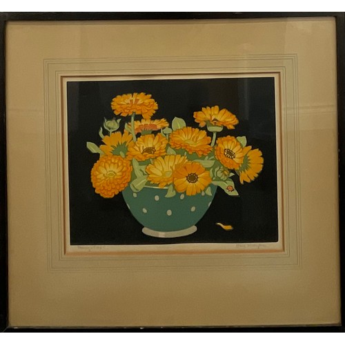 2191 - John Hall Thorpe  (1874 - 1947), Marigolds, signed, colour woodcut, 24.5cm x 30cm