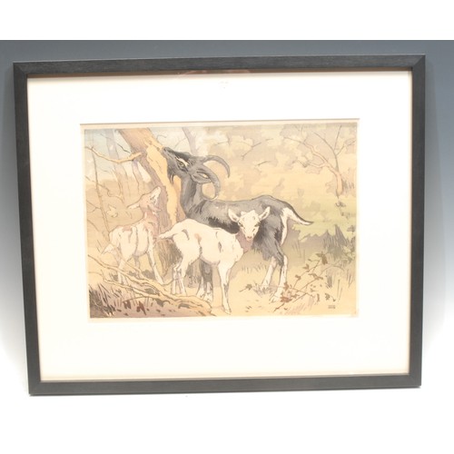 2009 - Allen W. Seaby (1867-1953) 
Goats And Kids
signed, colour woodcut, 24cm x 32cm