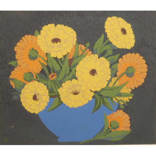 2081 - English School (20th century) 
Marigolds 
monogrammed, colour woodcut, 22cm x 25cm