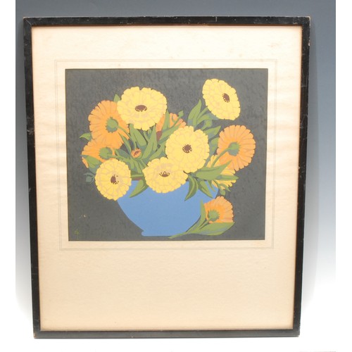 2081 - English School (20th century) 
Marigolds 
monogrammed, colour woodcut, 22cm x 25cm