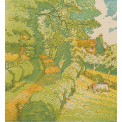 2205 - John Hall Thorpe (1874-1947) 
Landscape with Cows 
signed, colour woodcut, 19cm x 17cm