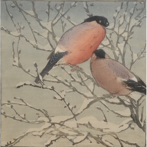 2008 - Allen W. Seaby (1867-1953) 
Bullfinches 
signed, colour woodcut, 23cm x 23cm