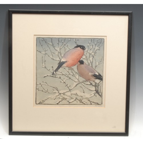 2008 - Allen W. Seaby (1867-1953) 
Bullfinches 
signed, colour woodcut, 23cm x 23cm