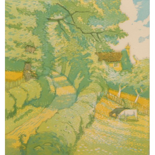 2190 - John Hall Thorpe  (1874 - 1947), Landscape with Horses, signed, colour woodcut, 19cm x 17cm