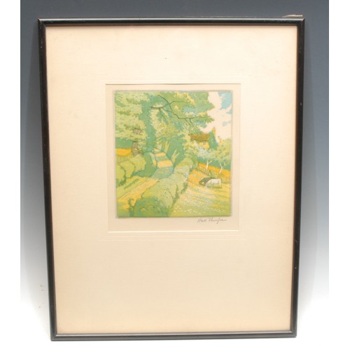 2190 - John Hall Thorpe  (1874 - 1947), Landscape with Horses, signed, colour woodcut, 19cm x 17cm