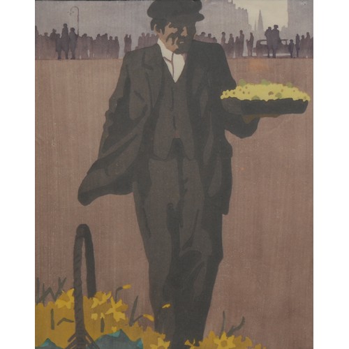 2055 - Edward Loxton Knight  (1905 - 1993), Primrose Seller, colour woodcut, signed in pencil, 28cm x 21cm