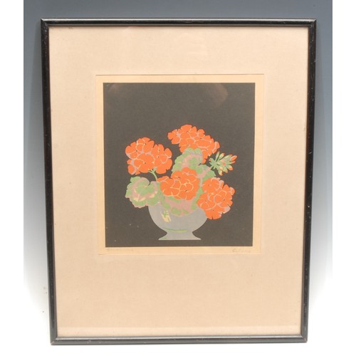 2079 - English School (20th century) 
Geraniums 
indistinctly signed, colour woodcut, 21cm x 19cm