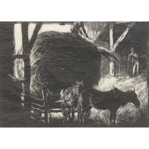 2118 - George Soper (1870-1942) 
Unloading the Hay Wain 
signed, wood engraving, 13cm x 16cm