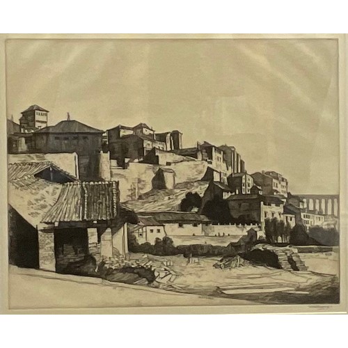 2352 - William Strang (Scottish 1859 - 1921), Old walls and Roman Viaduct Segovia, etching, signed in penci... 