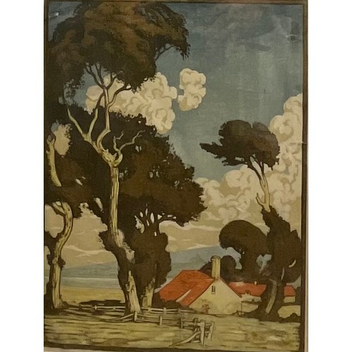 2331 - Sylvan G Boxsius  (1878 - 1941), Autumn Cottage in a Landscape, colour woodcut, 36cm x 27.5cm