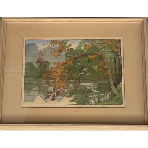 2143 - Helen G Stevenson, Autumn by the River, colour woodcut, signed and titled in pencil, 21cm x 29cm