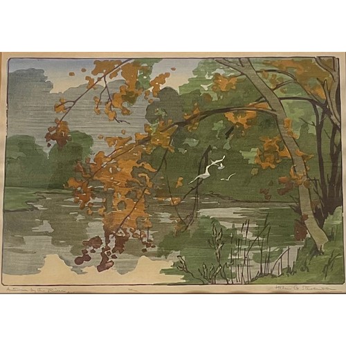 2143 - Helen G Stevenson, Autumn by the River, colour woodcut, signed and titled in pencil, 21cm x 29cm