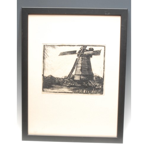 2094 - Ethel Elizabeth Angell (1889-1972) 
Windmill in Landscape 
signed, woodcut, 16cm x 20cm